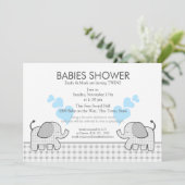 Twins Gray Gingham Blue Baby shower Kaart (Staand voorkant)