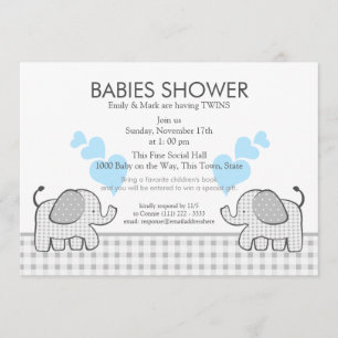 Twins Gray Gingham Blue Baby shower Kaart
