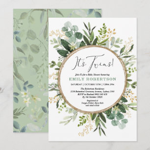 Twins Greenery Gold Garden Party Baby shower Kaart