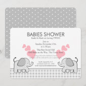 Twins Grey Pink Gingham Baby shower Kaart (Voorkant / Achterkant)