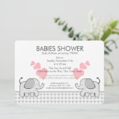 Twins Grey Pink Gingham Baby shower Kaart (Staand voorkant)