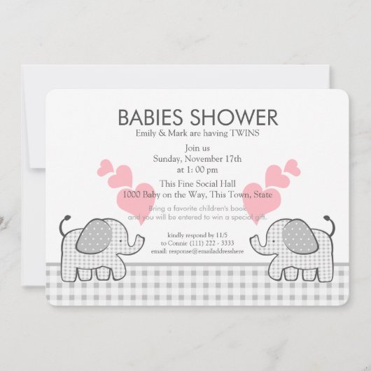 Twins Grey Pink Gingham Baby shower Kaart (Voorkant)