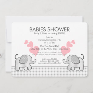Twins Grey Pink Gingham Baby shower Kaart