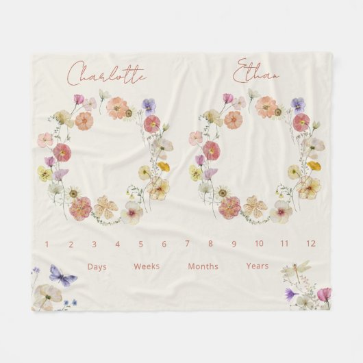 Twins Groei Tracker Waterverf Bloemen Pasgeborene Fleece Deken (Voorkant (Horizontaal))