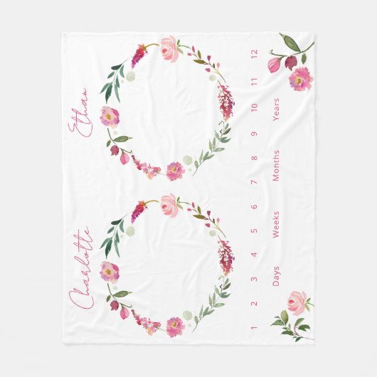 Twins Groei Tracker Waterverf Bloemen Pasgeborene Fleece Deken (Voorkant)