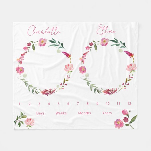 Twins Groei Tracker Waterverf Bloemen Pasgeborene Fleece Deken (Voorkant (Horizontaal))