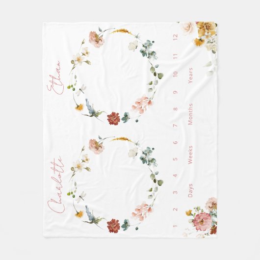 Twins Groei Tracker Waterverf Bloemen Pasgeborene Fleece Deken (Voorkant)