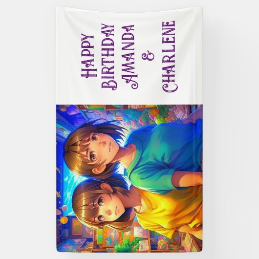 Twin's Happy Birthday Banner Anime Thema (Verticaal)