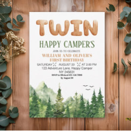 Twins Happy Campers Hout Groen Bos 1e verjaardag Kaart