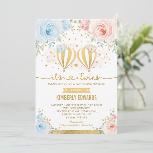 Twins Hete Luchtballon Avontuur Baby shower Kaart (Staand voorkant)