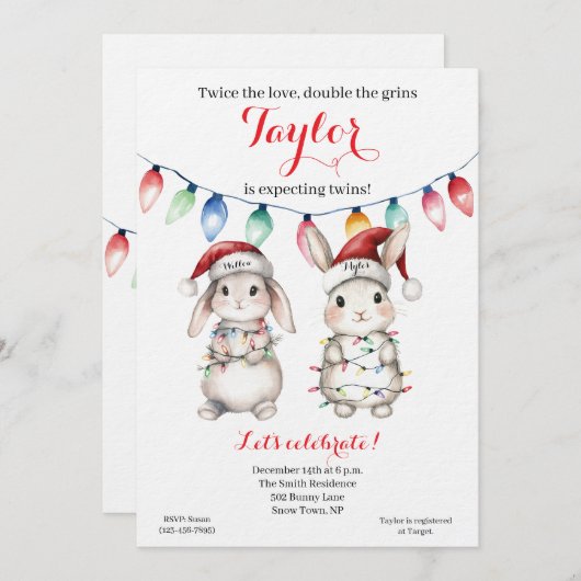 Twins Holiday Lights Baby Shower Invitation Kaart (Voorkant / Achterkant)