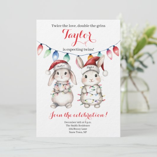 Twins Holiday Lights Baby Shower Invitation Kaart (Staand voorkant)