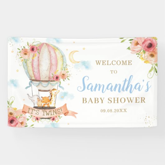 Twins Hot Air Balloon Animals Welkomstachtergrond Spandoek (Horizontaal)