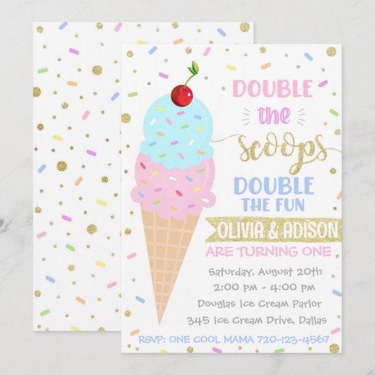 Twins Ice Cream Invitation, Twins Birthday Kaart (Voorkant / Achterkant)
