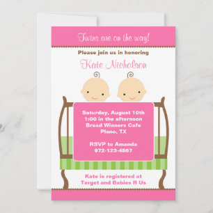 Twins in Pink Wieg Invitations Kaart