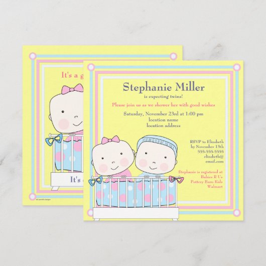 Twins in Wieg, Girl and Boy Baby shower Invitation Kaart (Voorkant / Achterkant)