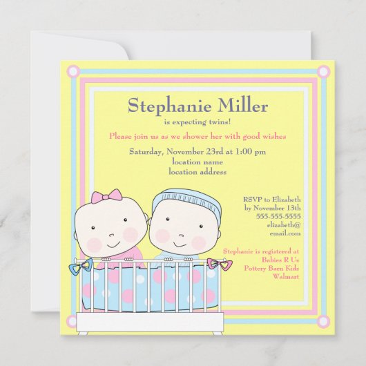 Twins in Wieg, Girl and Boy Baby shower Invitation Kaart (Voorkant)