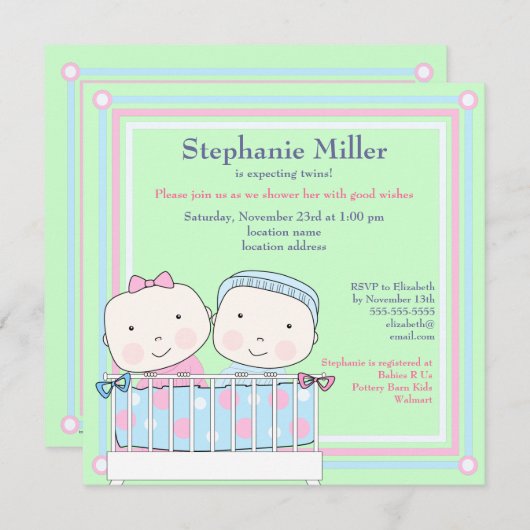 Twins in Wieg, Girl and Boy Baby shower Invitation Kaart (Voorkant / Achterkant)