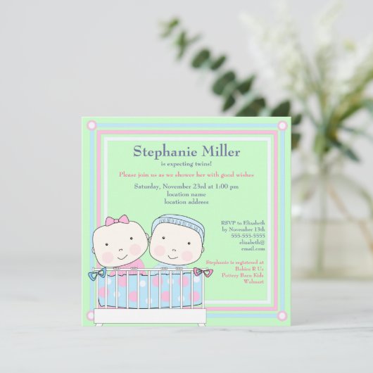Twins in Wieg, Girl and Boy Baby shower Invitation Kaart (Staand voorkant)