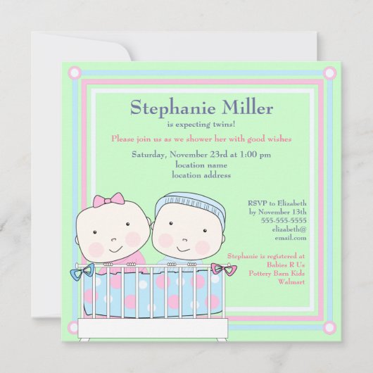 Twins in Wieg, Girl and Boy Baby shower Invitation Kaart (Voorkant)
