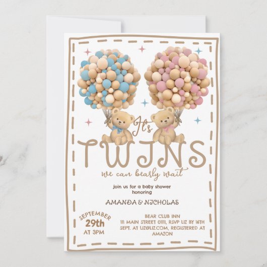 Twins Jongen Meisje Beer Roze Blauw Ballon Baby sh Kaart (Voorkant)