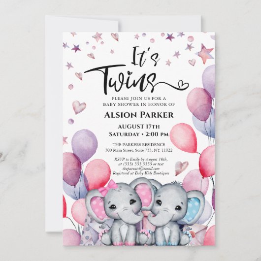Twins Jongen Meisje Olifant Ballon Leuk Baby showe Kaart (Voorkant)