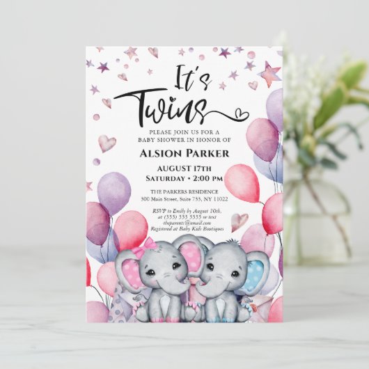 Twins Jongen Meisje Olifant Ballon Leuk Baby showe Kaart (Staand voorkant)