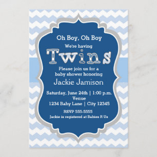 TWINS jongens Blauwe Chevron babyshower uitnodigin Kaart