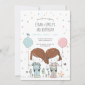 Twins Kids Birthday Invitation whimsical Kaart (Voorkant)