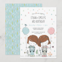 Twins Kids Birthday Invitation whimsical