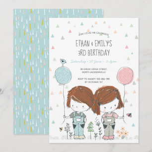 Twins Kids Birthday Invitation whimsical Kaart