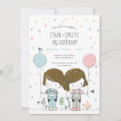 Twins Kids Birthday Invitation whimsical Kaart (Voorkant)