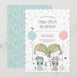 Twins Kids Birthday Invitation whimsical Kaart
