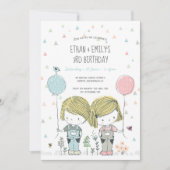 Twins Kids Birthday Invitation whimsical Kaart (Voorkant)