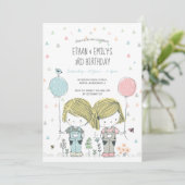 Twins Kids Birthday Invitation whimsical Kaart (Staand voorkant)