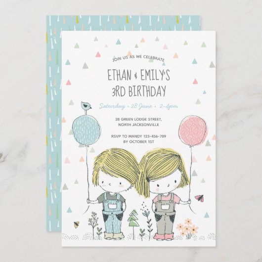 Twins Kids Birthday Invitation whimsical Kaart (Voorkant / Achterkant)