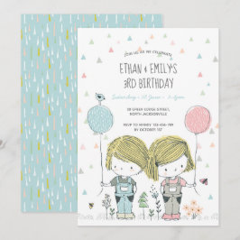 Twins Kids Birthday Invitation whimsical Kaart