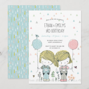 Twins Kids Birthday Invitation whimsical Kaart