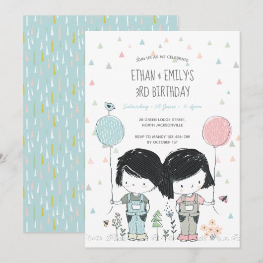 Twins Kids Birthday Invitation whimsical Kaart (Voorkant / Achterkant)