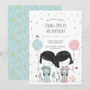 Twins Kids Birthday Invitation whimsical Kaart