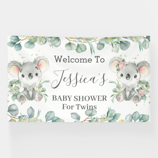 Twins Koala Eucalyptus Greenery Welkomstachtergron Spandoek (Horizontaal)