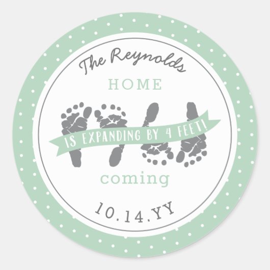 Twins kondiging Vier Baby Feet Green Ribbon Ronde Sticker (Voorkant)
