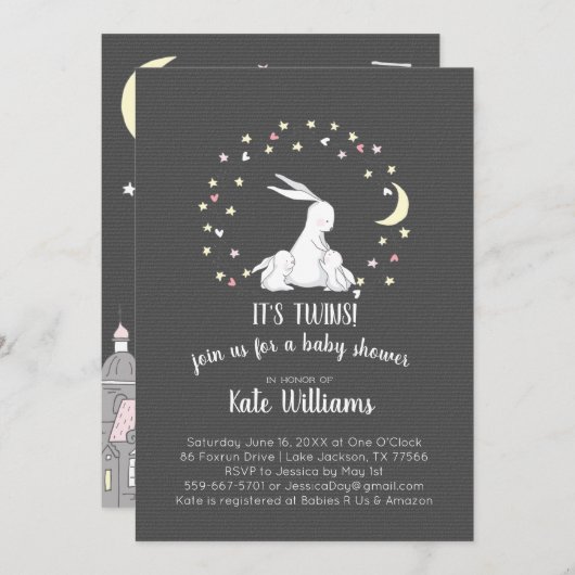 Twins Little Bunny Baby shower Kaart (Voorkant / Achterkant)