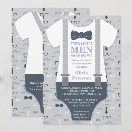 Twins Little Man Baby shower Invitation, Blauw Gri Kaart (Voorkant / Achterkant)