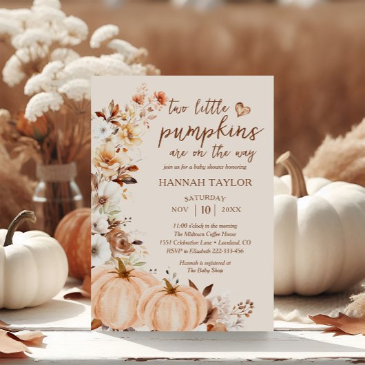 Twins Little Pumpkin Fall Floral Baby Shower Kaart
