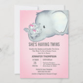 Twins mamma Girls Pink Elephant Invitation Kaart (Voorkant)