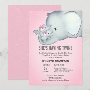 Twins mamma Girls Pink Elephant Invitation Kaart