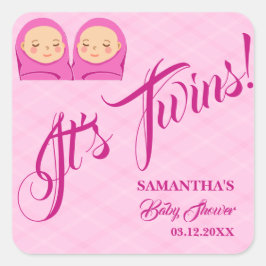 Twins Meisje Baby shower Party Roze. Vierkante Sticker