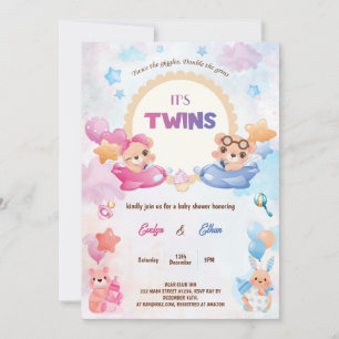 Twins Meisje Jongen Beer Vliegtuig Baby shower Kaart