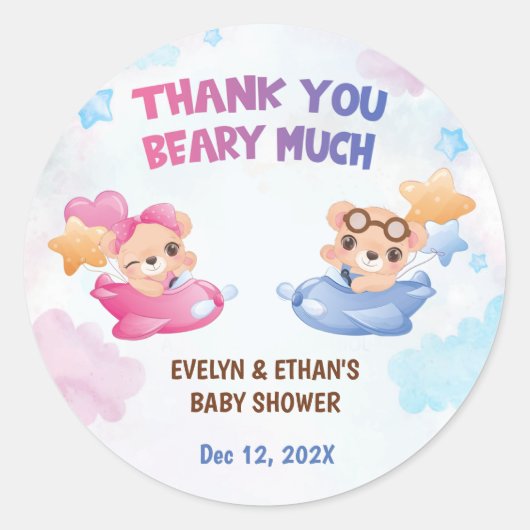 Twins Meisje Jongen Beer Vliegtuig Baby shower Ronde Sticker (Voorkant)